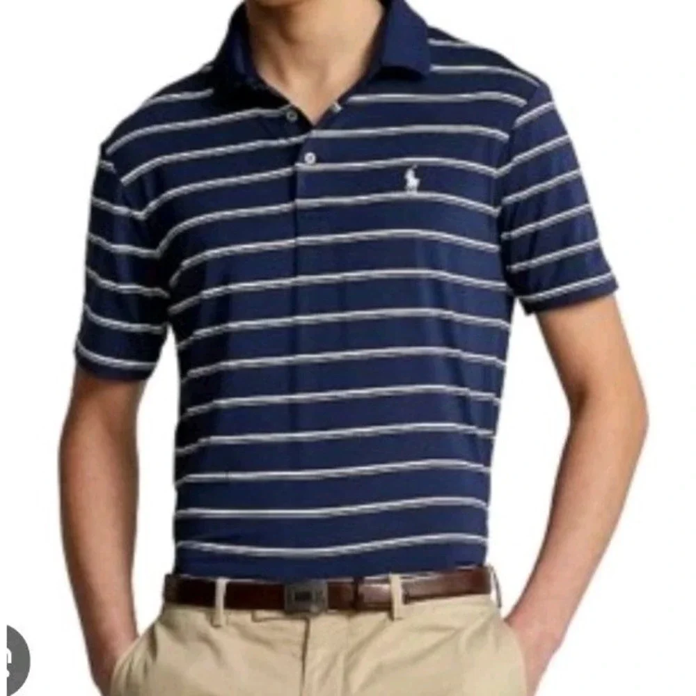 Ralph Lauren Mens Polo Knit Short Sleeve Cotton Blue Stripe‎ Logo Shirt Size Xl